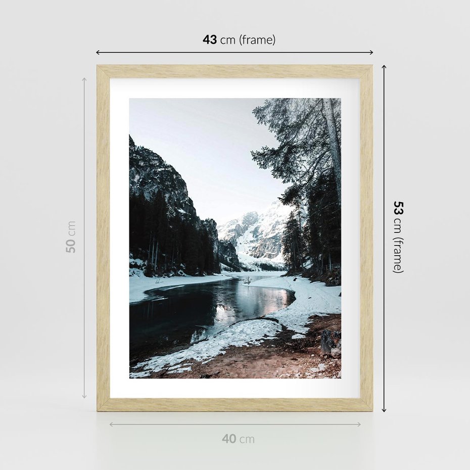 Plakat w ramie 40x50 - Zamarznięta Rzeka - zima w górach, zamarznięta rzeka - rama drewno