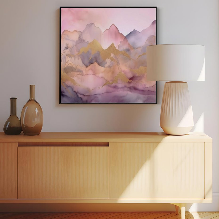 Obraz w ramie 50x50 - Pastelowe Wzgórza - pastelowe, różowe góry - rama czarna