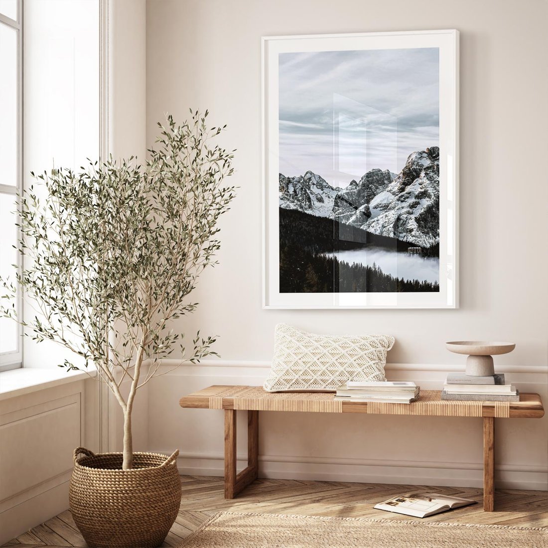 Plakat w ramie 30x40 - Malowniczy Krajobraz ze Śniegiem - góry, śnieg - rama biała