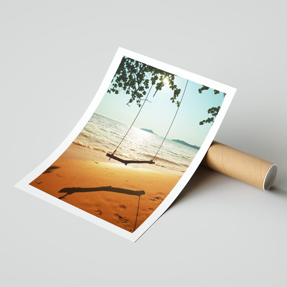 Plakat bez ramy 21x30 - Tropikalna plaża i huśtawka - plaża, tropiki