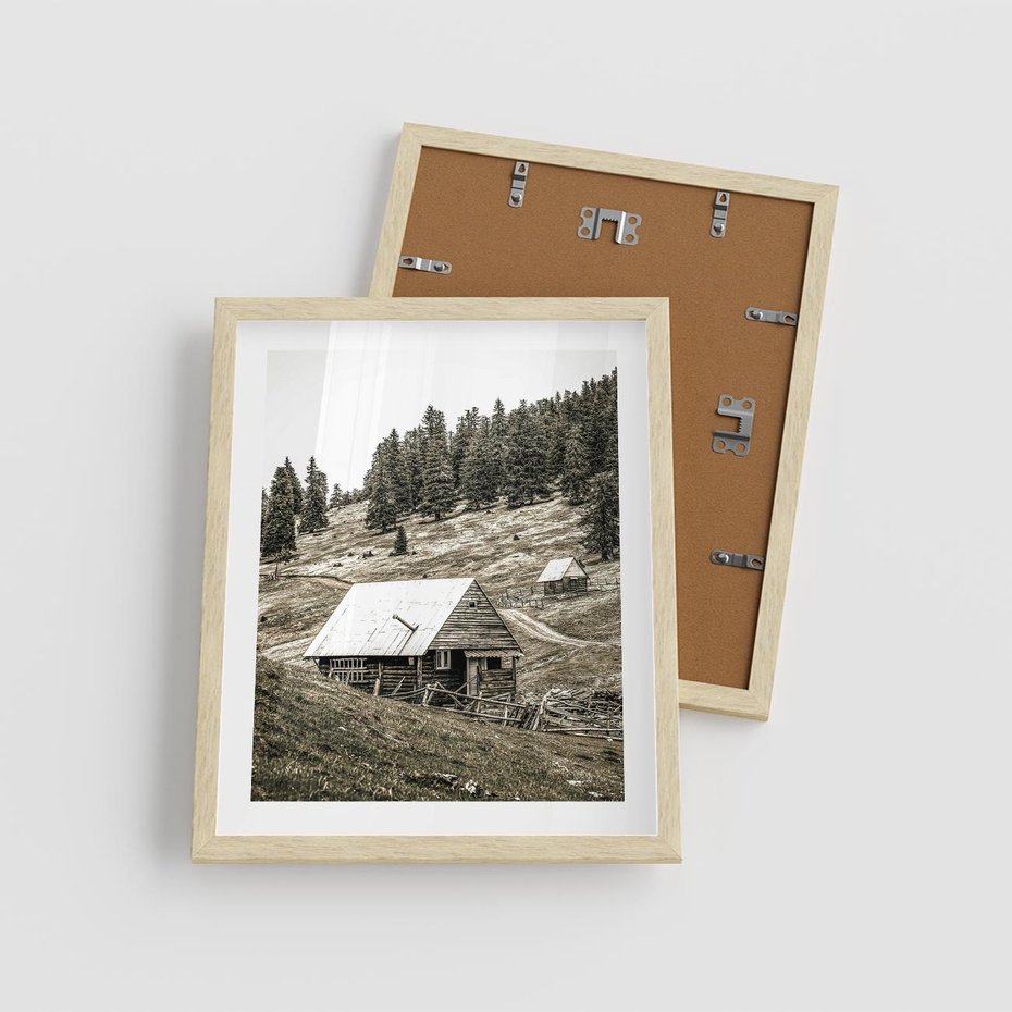 Plakat w ramie 40x50 - Ustronne Chatki w Górach - rustykalne domki w górach, sepia - rama drewno