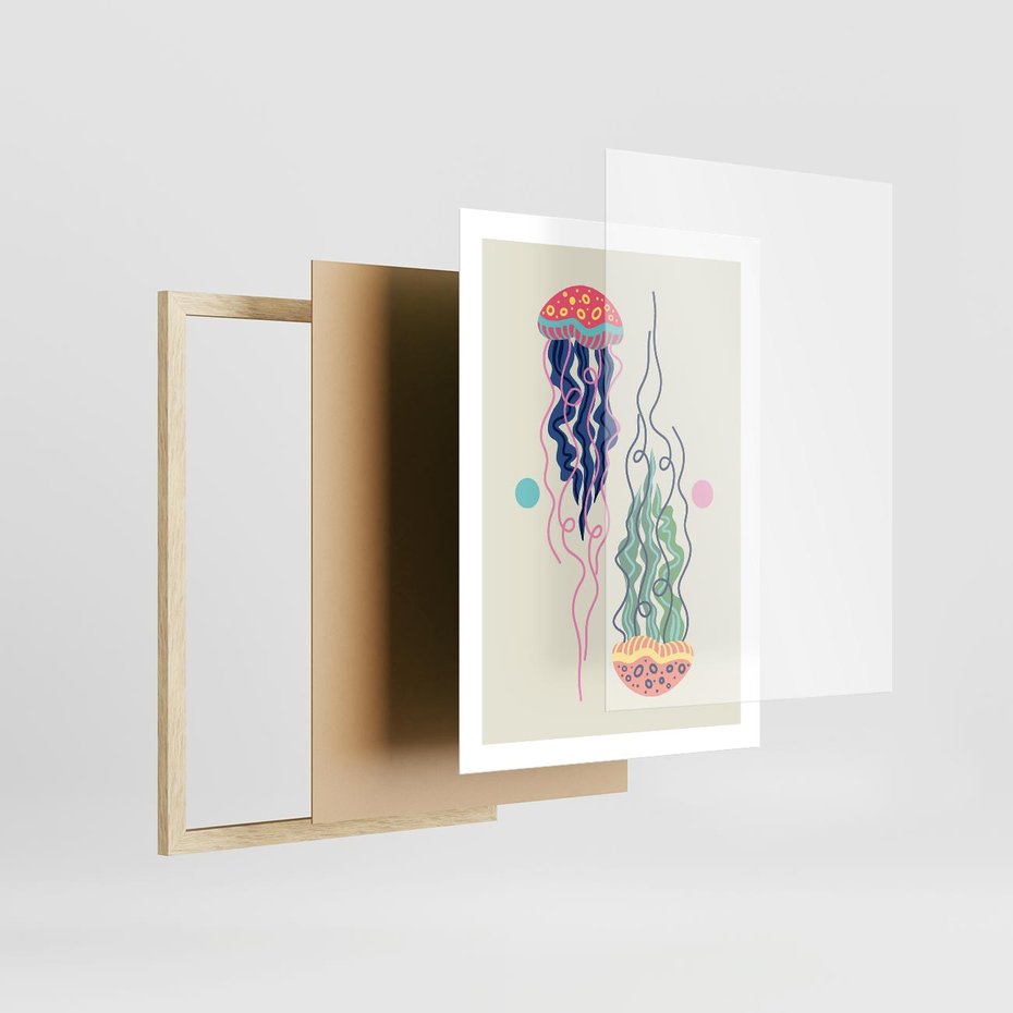 Plakat w ramie 50x70 - Morskie Pulsacje - nowoczesny optymistyczny plakat, kolorowe meduzy - rama drewno