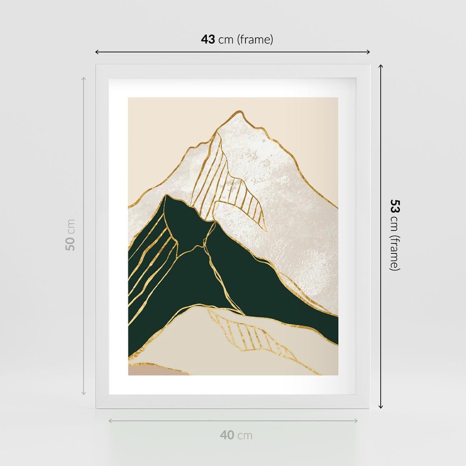 Plakat w ramie 40x50 - Minimalistyczne Góry: Złota Sztuka Natury - minimalistyczna grafika, góry - rama biała