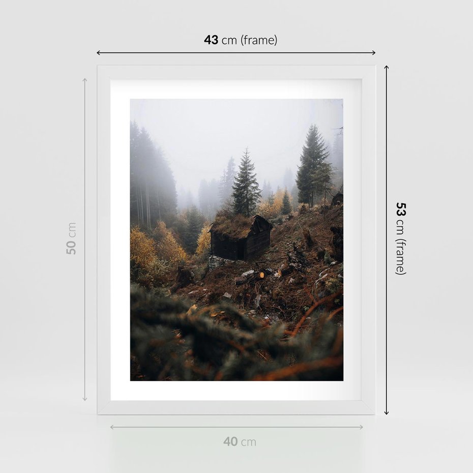 Plakat w ramie 40x50 - Górski las - stary zniszczony domek w górach, góry - rama biała