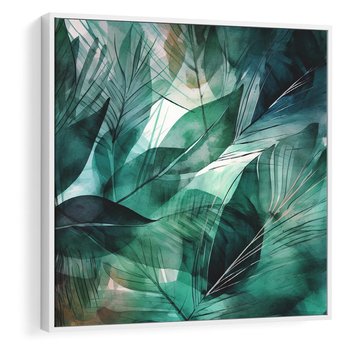 Obraz w ramie 50x50 - Zieleń Tropików - tropikalne zielone liście palmy, monstera - rama biała