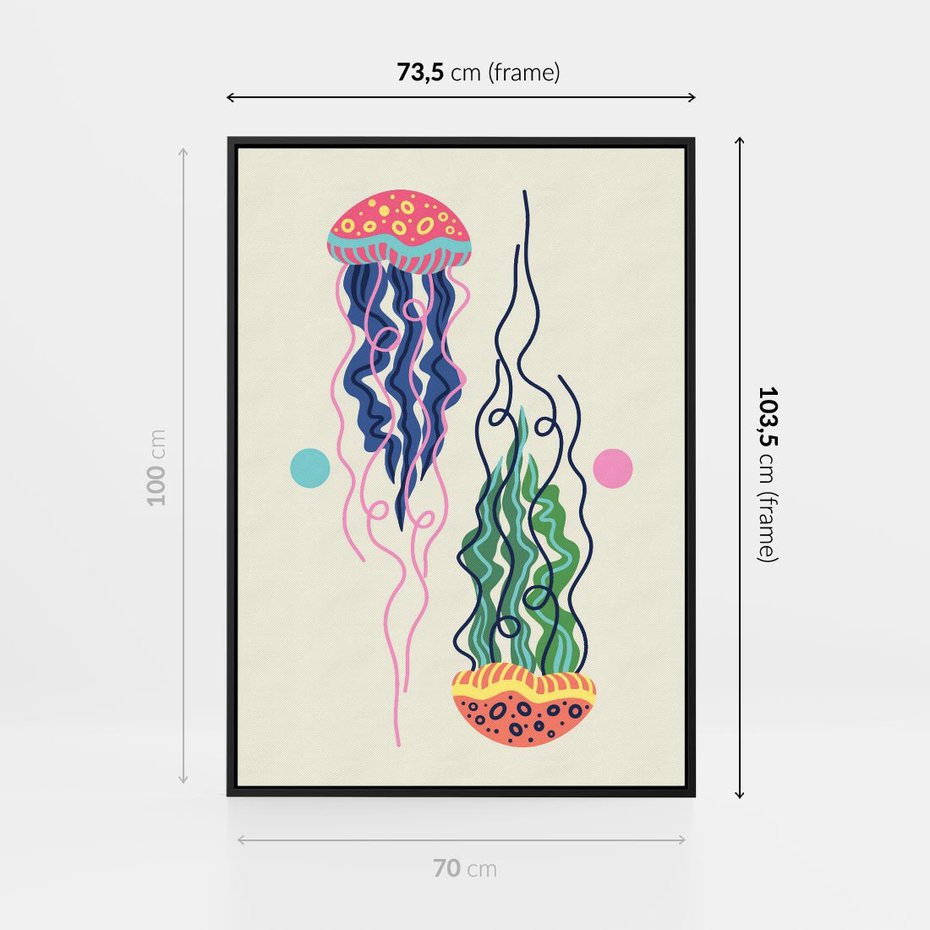 Obraz w ramie 70x100 - Morskie Pulsacje - nowoczesny optymistyczny plakat, kolorowe meduzy - rama czarna