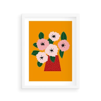 Plakat w ramie 30x40 - Harmonijne Granice - abstrakcyjne kwiaty, żółte tło - rama biała