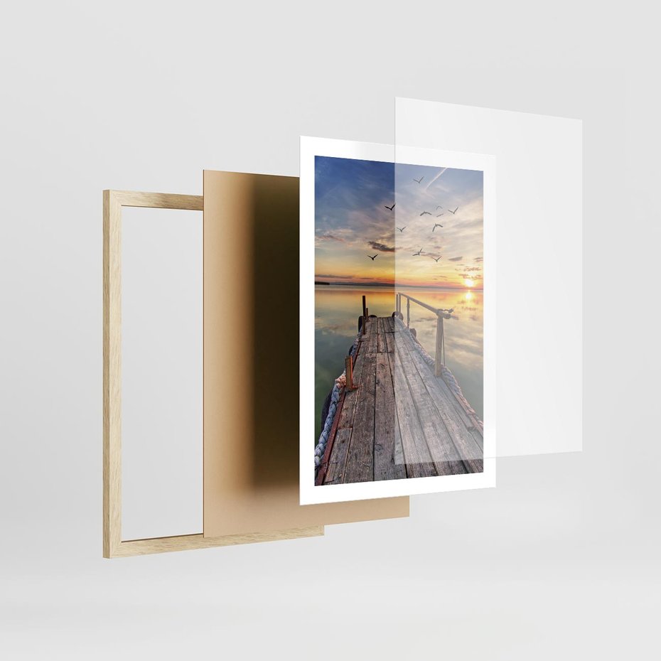 Plakat w ramie 50x70 - Spokojny pomost nad jeziorem - pomost, jezioro - rama drewno
