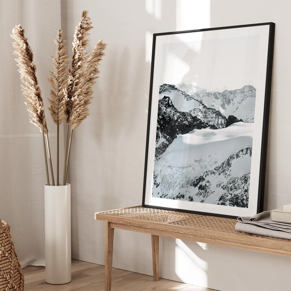 Plakat bez ramy 21x30 - Biały Zimowy Pejzaż - góry w zimie, ośnieżone wysokie szczyty