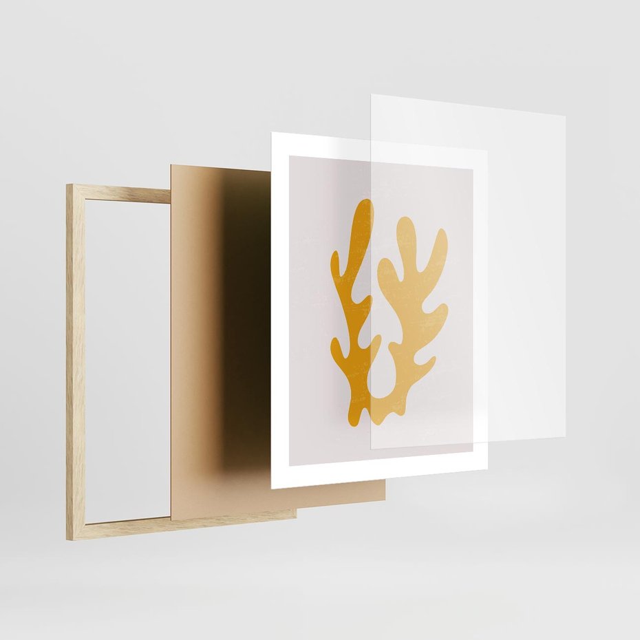 Plakat w ramie 40x50 - Abstrakcyjna Synergia - abstrakcyjna żółta forma, minimalizm - rama drewno