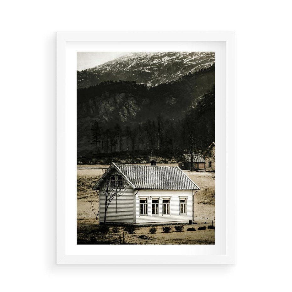 Plakat w ramie 50x70 - Ciepło i Urok Górskiego Domku - domek w górach, sepia - rama biała