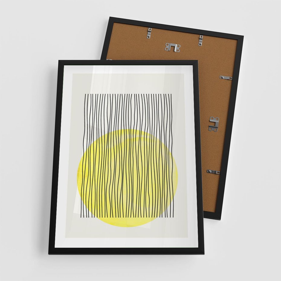 Plakat w ramie 50x70 - Ciepłe Przenikanie - geometria, żółte koło - rama czarna