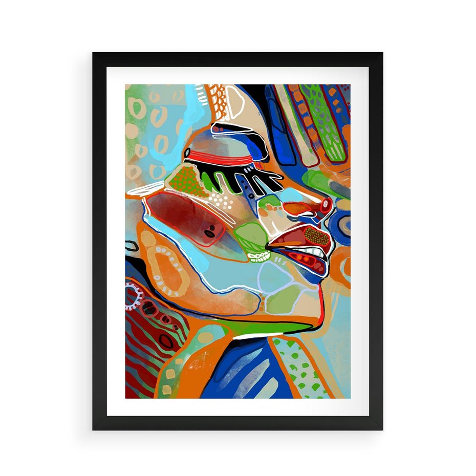 Plakat w ramie 50x70 - Kolorowe Wnętrza Kształtów - abstrakcyjny portret kobiety, twarz - rama czarna