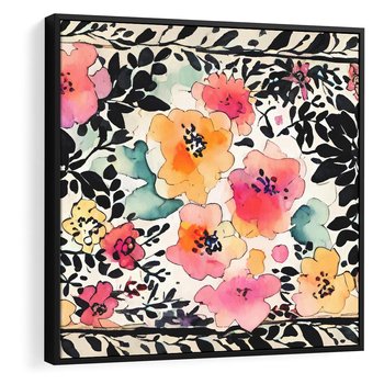 Obraz w ramie 50x50 - Opowieść w kroplach farb - akwarelowe kwiaty, mocna ornamentowa czarna ramka namalowana dookoła obrazu - rama czarna