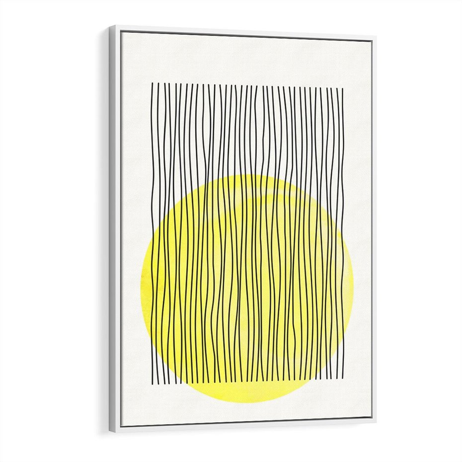 Obraz w ramie 80x120 - Ciepłe Przenikanie - geometria, żółte koło - rama biała
