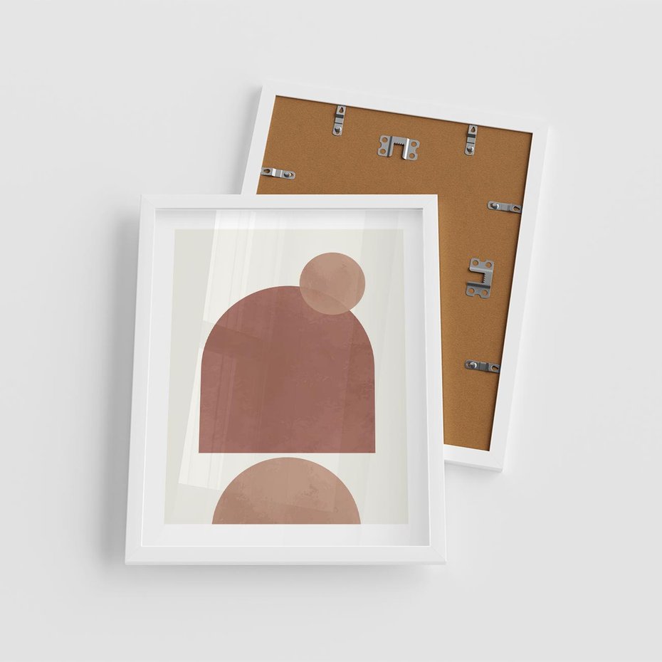 Plakat w ramie 40x50 - Rozkwitające Odbicia - abstrakcyjne geometryczne kształty, odcienie brązu i beżu - rama biała