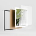 Plakat w ramie 40x50 - Tropikalne Okno - białe okiennice, zielona tropikalna roślina - rama czarna