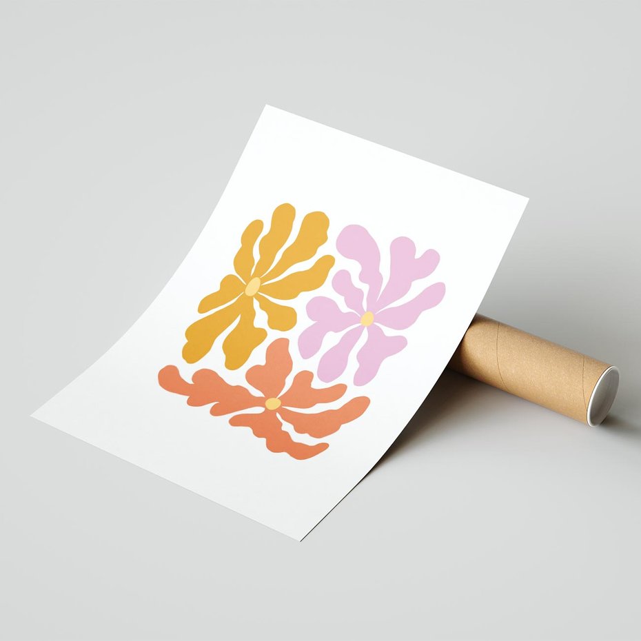 Plakat bez ramy 40x50 - Rozbijające Refleksje - abstrakcyjne kolorowe kwiaty, minimlizm