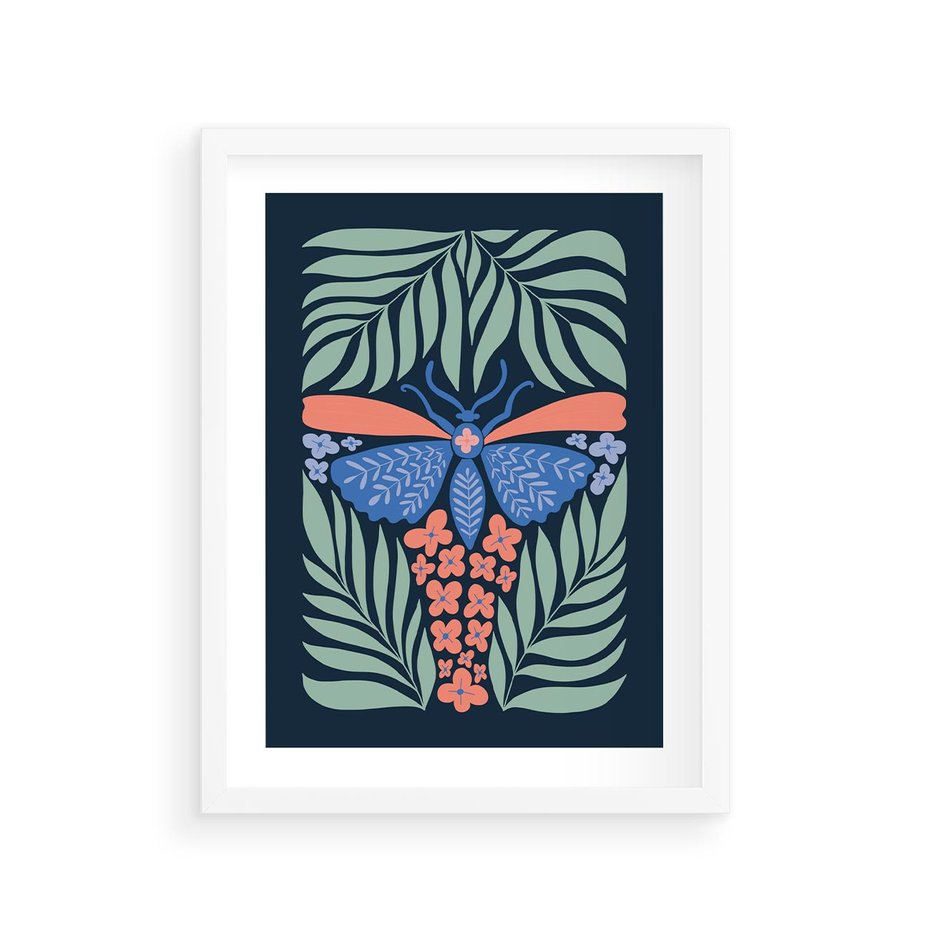 Plakat w ramie 30x40 - Granatowa Noc - granatowe tło, abstrajcyjna ćma - rama biała