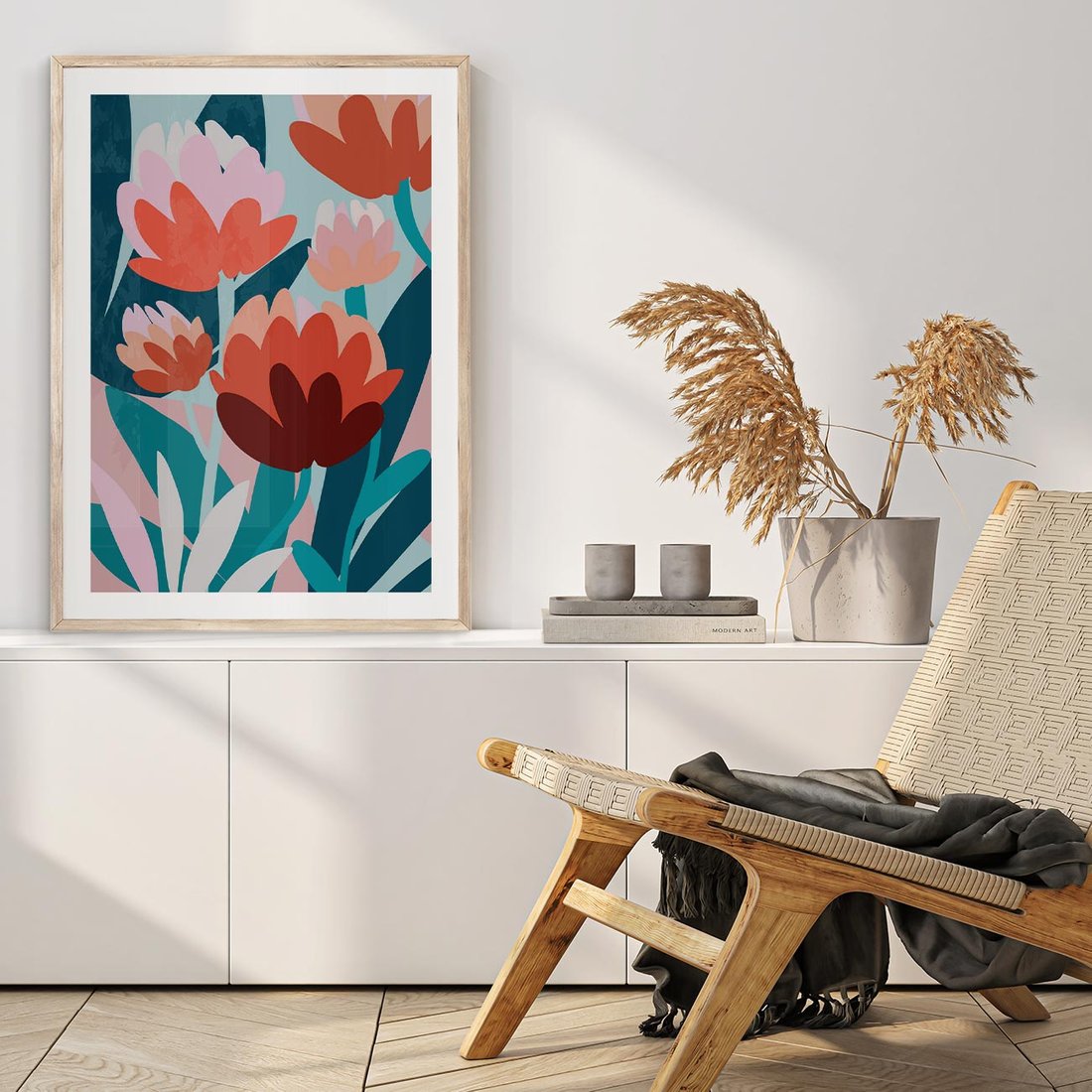 Plakat w ramie 50x70 - Symfonia Kwiatów - abstrakcyjna kompozycja kwiatowych form, kolor zgaszone - rama drewno