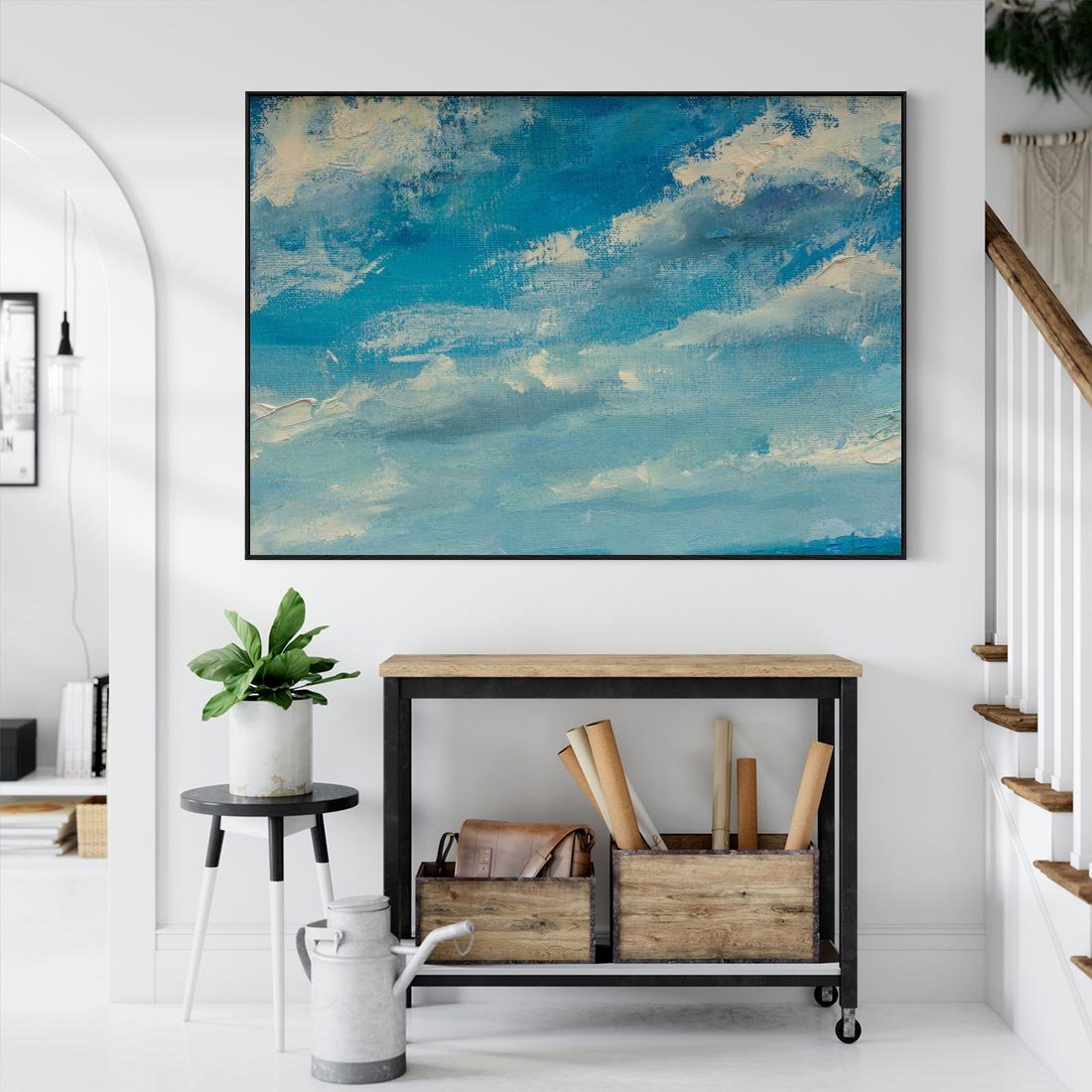 Obraz w ramie 100x70 - Oddechy niebiańskiej materii - olejny obraz, smugi farby przypominają obłoki na błękitnym niebie - rama czarna