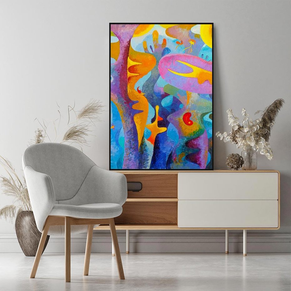 Obraz w ramie 70x100 - Płomienne Tańce Abstrakcji - energetyczna abstrakcja, dziwne formy - rama czarna