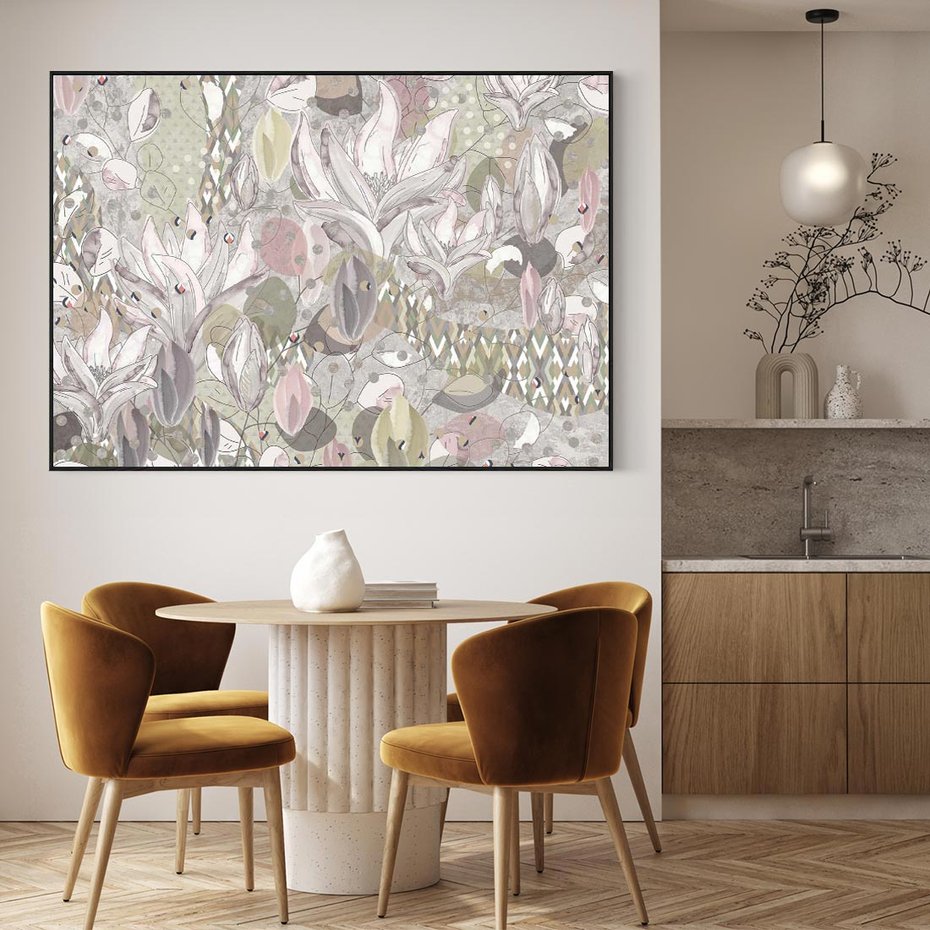 Obraz w ramie 70x50 - Pejzaże zatajonej duszy - połączenie tekstur, roślinne motywy - rama czarna