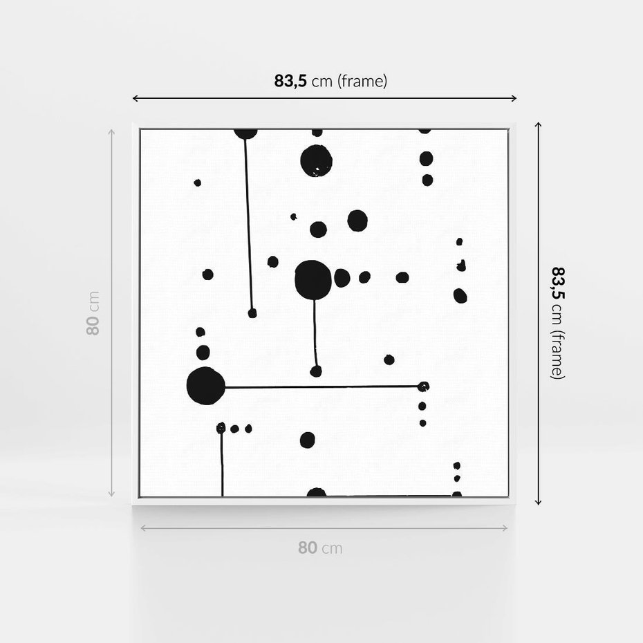 Obraz w ramie 80x80 - Nocne Zawirowania - abstrakcyjny plakat, czarne kropki i kreski - rama biała