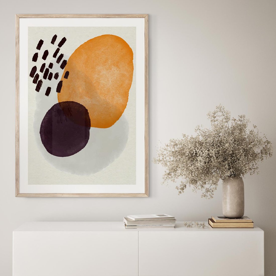 Plakat w ramie 40x50 - Kolorowe Akwarelowe Przenikanie - geometryczne elementy, stonowane ziemiste kolory - rama drewno