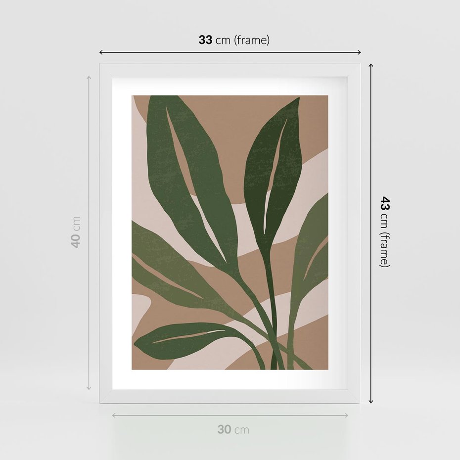 Plakat w ramie 30x40 - Nowoczesność Natury: Plakat z Zielonymi Liśćmi - nowoczesny plakat, beż - rama biała