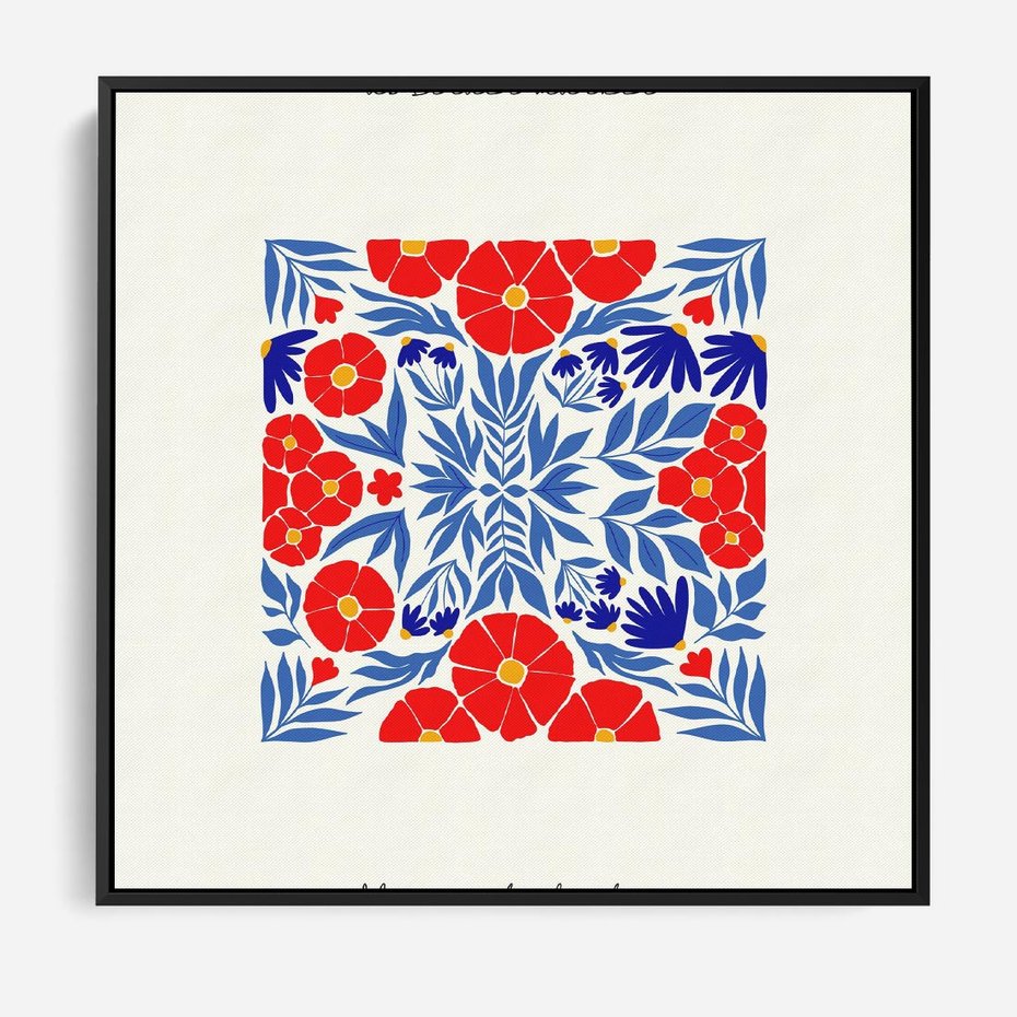 Obraz w ramie 50x50 - Tajemnicza Droga - nowoczesna kwiatowa kompozycja, czerwony i niebieski - rama czarna