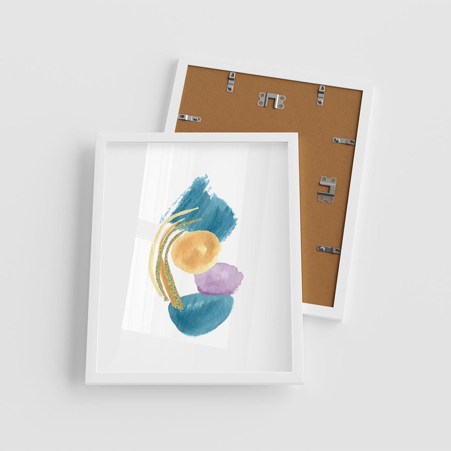 Plakat w ramie 40x50 - Migocące Barwy Akwarel - akwarelowe plamy w odcieniach błękitu, złote kreski - rama biała