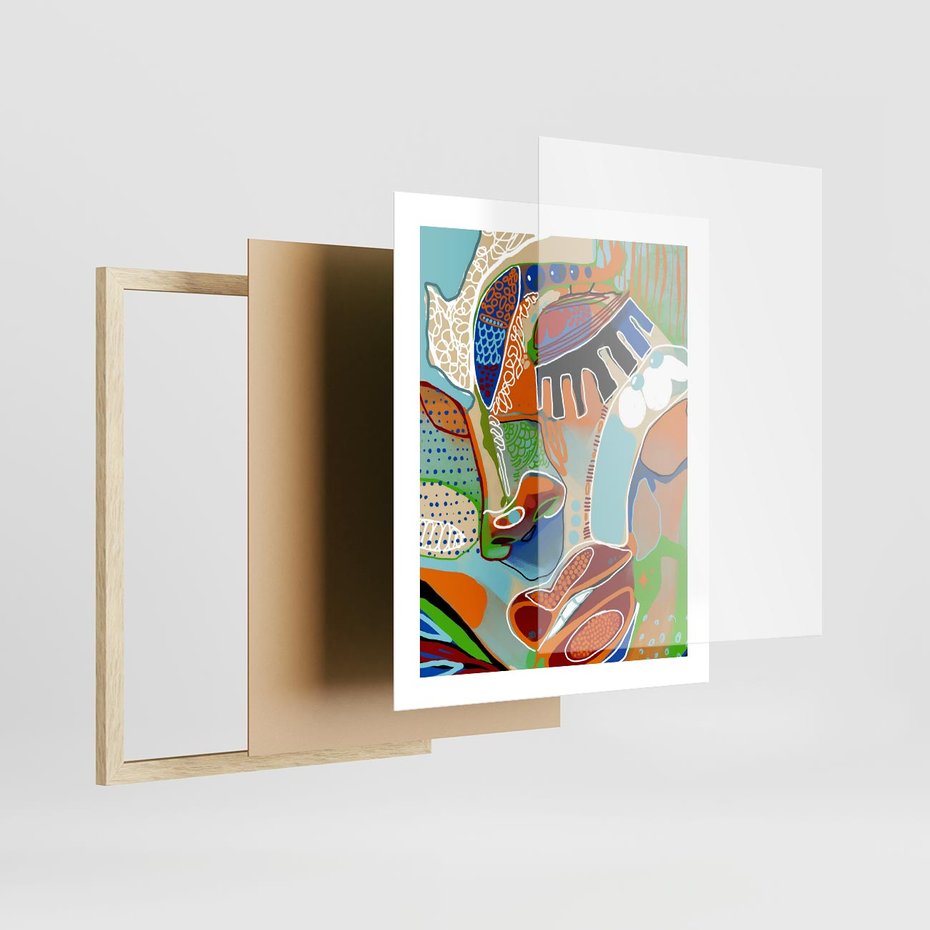 Plakat w ramie 40x50 - Wibracje Kształtów - abstrakcyjny portret kobiety, twarz - rama drewno