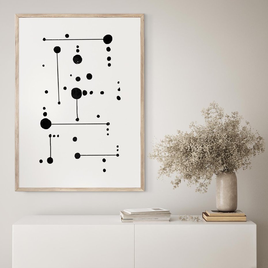 Plakat w ramie 50x70 - Nocne Zawirowania - abstrakcyjny plakat, czarne kropki i kreski - rama drewno