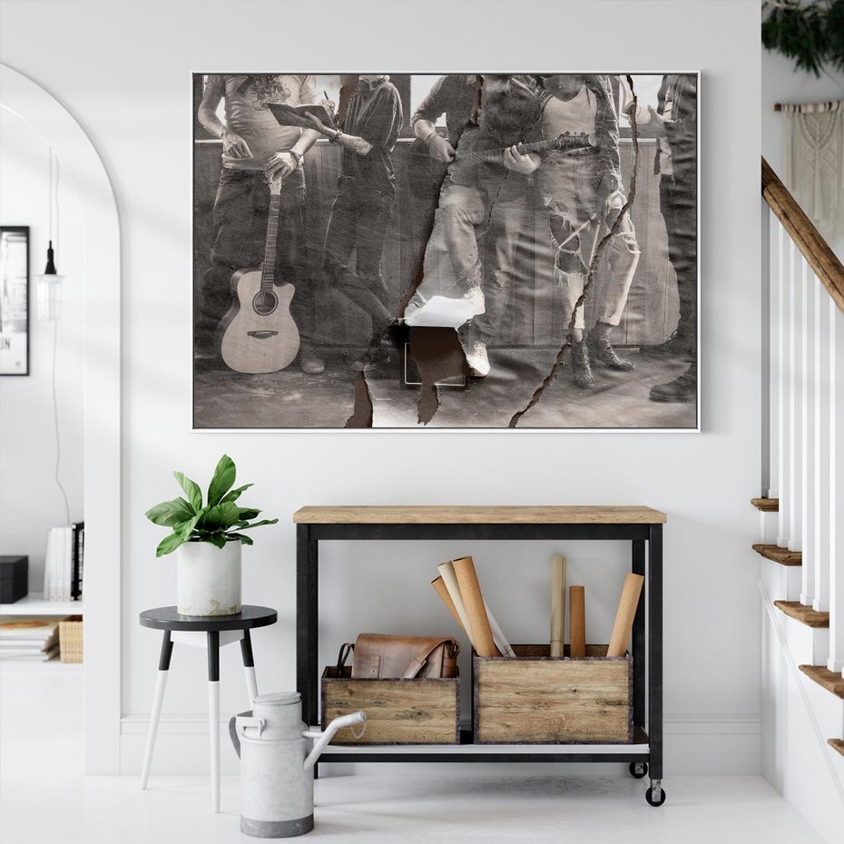 Obraz w ramie 100x70 - Dźwięki Minionej Ery - postarzona fotografia retro, podarta fotografia - rama biała