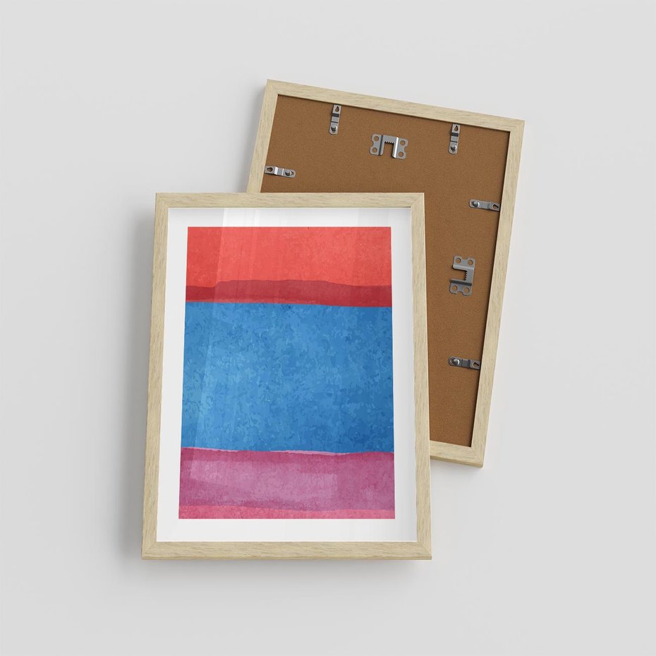 Plakat w ramie 30x40 - Migocące Formy - kolorowe akwarelowe pasy, odcienie czerwień - rama drewno