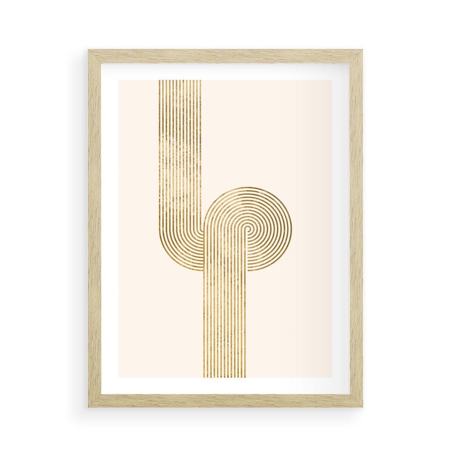 Plakat w ramie 50x70 - Podróżne Kształty - geometryczne linie w złotym kolorze, minimalizm - rama drewno