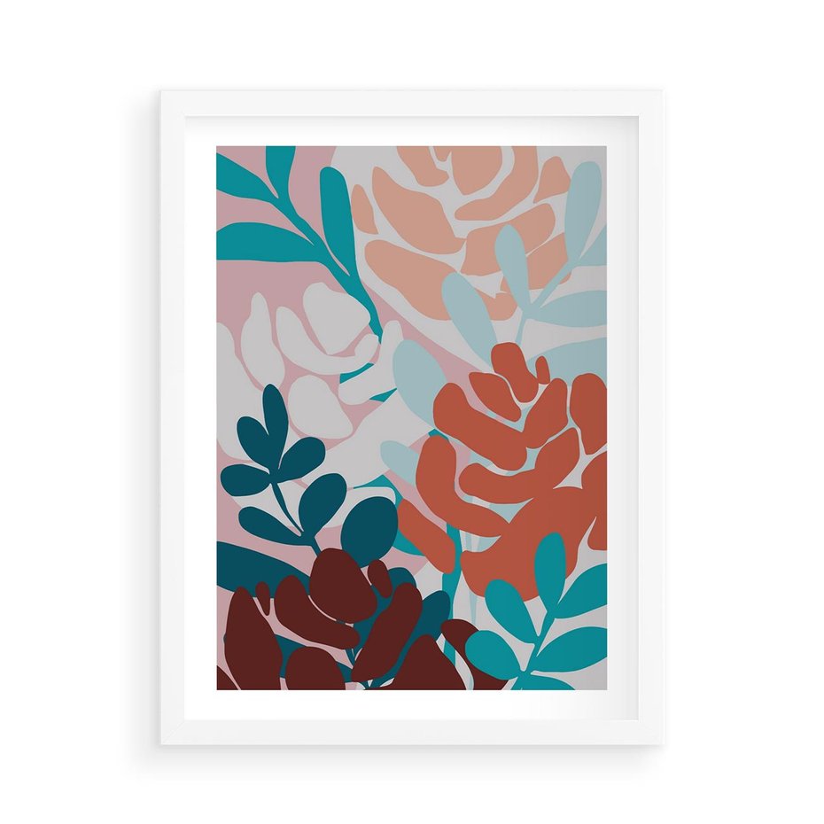 Plakat w ramie 50x70 - Impresje Kształtów - abstrakcyjna kompozycja kwiatowych form, kolor zgaszone - rama biała