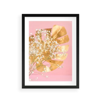 Plakat w ramie 50x70 - : Elegancja w Złocie - złote, liście - rama czarna