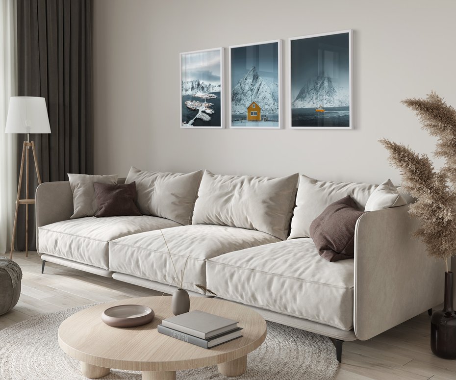 Zestaw obrazy w ramie 40x50 galeria - Norwegia, skandynawski, domek, góry - rama biała