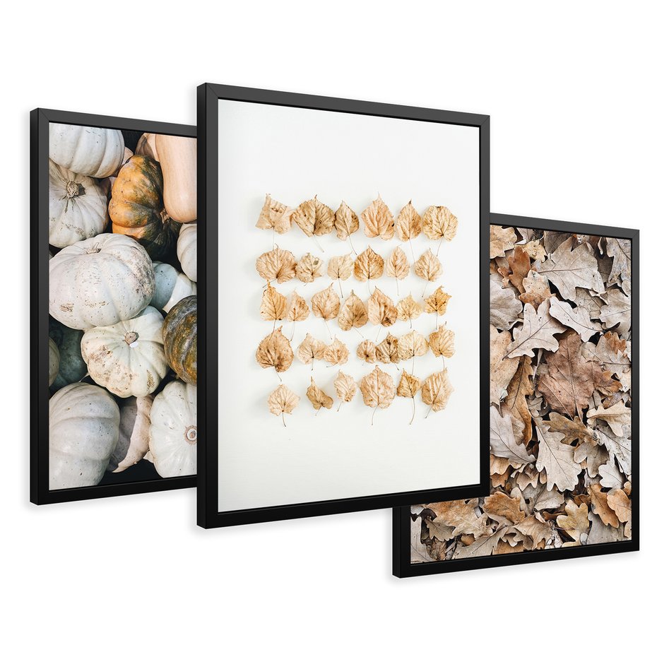 Zestaw obrazy w ramie 40x50 galeria - Jesień, liście, dynie, boho - rama czarna