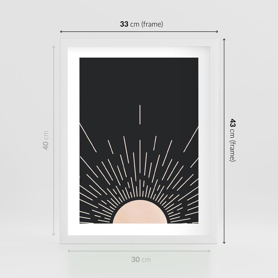 Plakat w ramie 30x40 - Słoneczny Portret Duszy - boho czarne słońce, nowoczesna grafika - rama biała