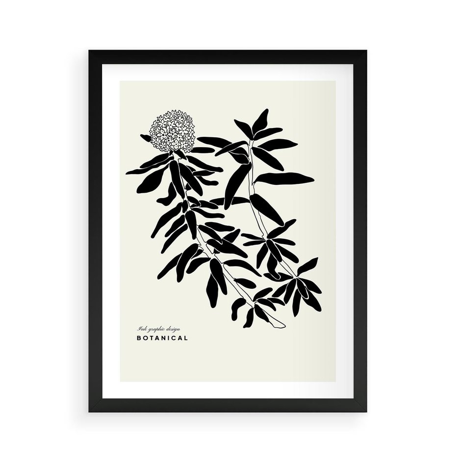 Plakat w ramie 50x70 - Szept kwiatowej wyobraźni - czarno biała grafika, roślinność - rama czarna