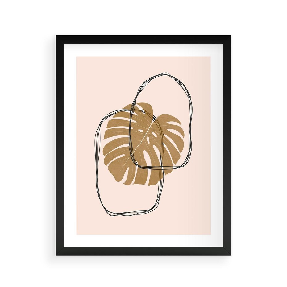 Plakat w ramie 40x50 - Liście w Beżowym Minimalizmie - minimalistyczny obraz, liście monstery - rama czarna
