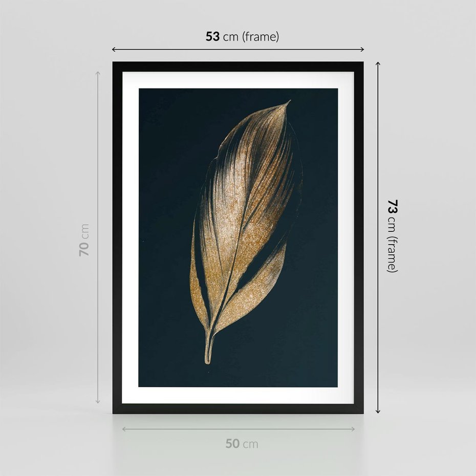 Plakat w ramie 50x70 - Mroczne Złoto - nowoczesna grafika, złoty liść na czarnym tle - rama czarna
