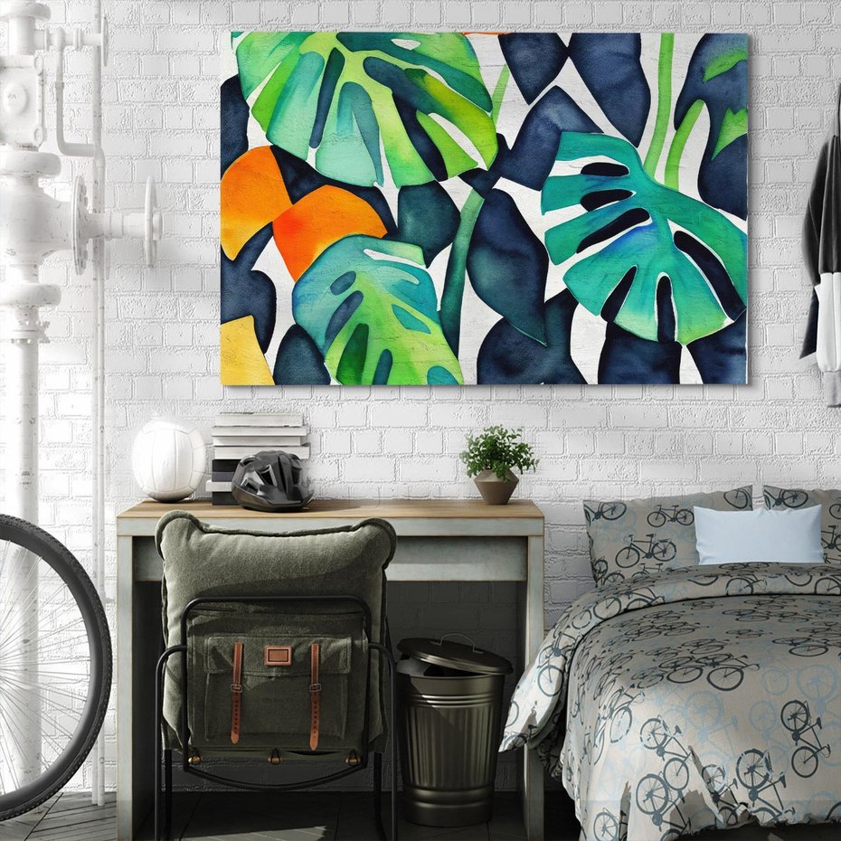 Obraz na płótnie 70x50 - Tropikalne Pragnienia - akwarela, liście tropikalne