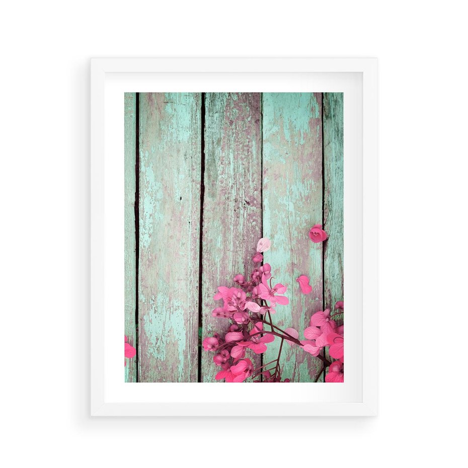 Plakat w ramie 40x50 - Urok Dawnych Czasów - kwiaty, deski - rama biała