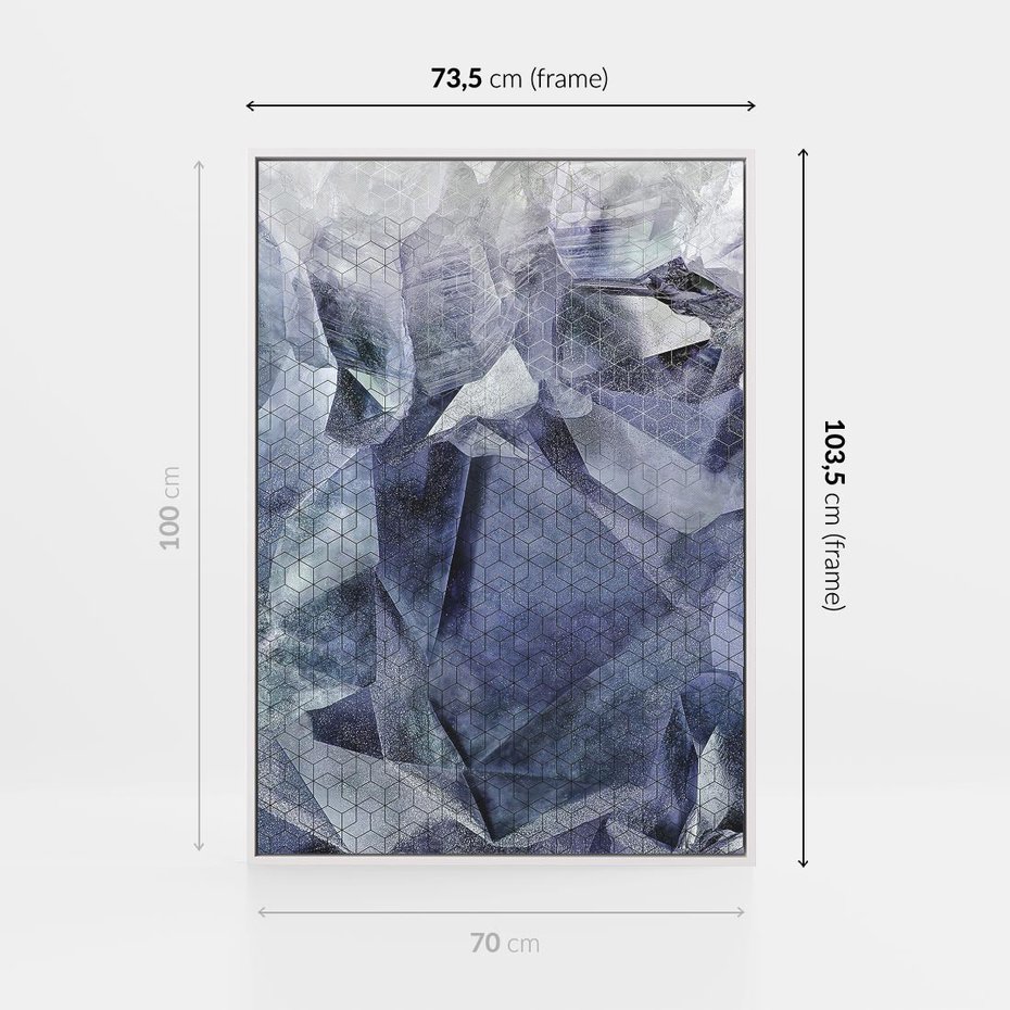 Obraz w ramie 70x100 - Melodia mgieł i marzeń - abstrakcja w kolorze granatu, przypominająca górę lodową - rama biała