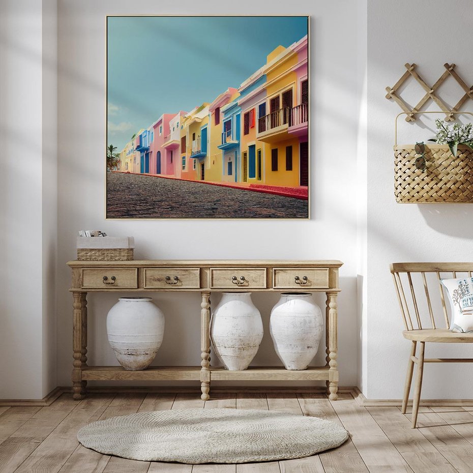 Obraz w ramie 50x50 - Ekspresja marzeń i tęsknot - pastelowe kolorowe budynki, wzdłuż ulicy - rama drewno