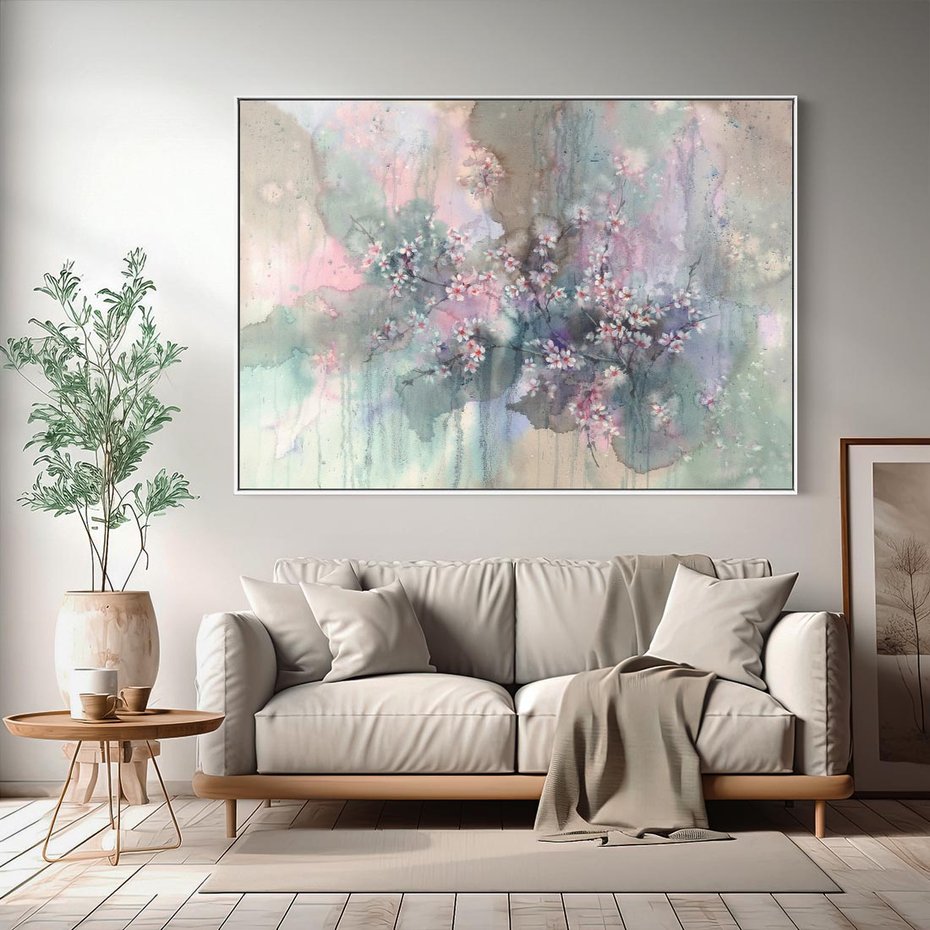 Obraz w ramie 70x50 - Efemeryczne Kwitnienie Drzew - akwarela, rozmyte pastelowe tłó - rama biała